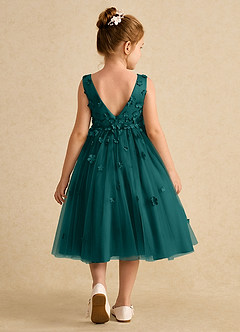 Azazie Lana Flower Girl Dresses Peacock A-Line Sleeveless Matte Satin Dress image2
