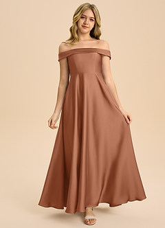 Azazie Sissy Junior Abito A-Line in Raso Elasticizzato a Spalla Scoperta Bronzo image4