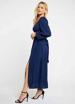 Aniak Navy Blue Long Sleeve Pleated Midi Dress image5