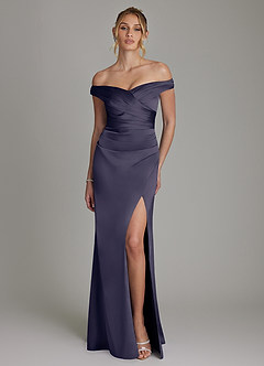 Azazie Teyana Bridesmaid Dresses Stormy Sheath Off the Shoulder Stretch Satin Dress image4