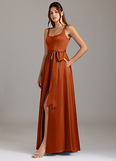 Azazie Elliott Bridesmaid Dresses Burnt Orange A-Line with Pockets Stretch Satin Dress image4