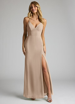 Azazie Becca Bridesmaid Dresses Taupe Sheath V-Neck Chiffon Dress image4