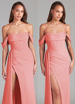 Azazie Amyra Bridesmaid Dresses Coral Sheath Off the Shoulder Chiffon Convertible Dress image9