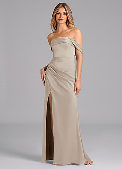 Azazie Lisbeth Robes de demoiselle d'honneur Robe Sirène Convertible en Satin extensible Épaule décolletée Givre image1