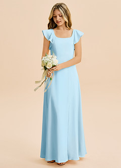 Azazie Bondi Junior Vestido de Azul Cielo de Satén Elástico de Corte en A con Corte Lateral image5