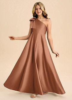 Azazie Penguin Junior Bronzer A-Line Bow Stretch Satin Dress image1