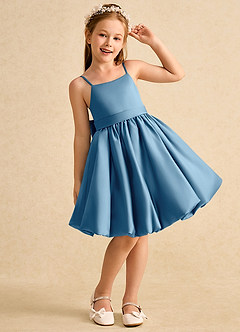 Azazie Davine Blumenmädchenkleider A-Linie Spaghetti Riemen Matte Satin Kleid Stahlblau image4
