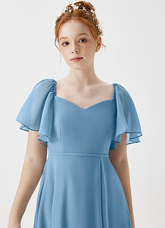 Azazie Chloe Junior Abito A-Line in Chiffon Scollo a Cuore Blu Acciaio image6