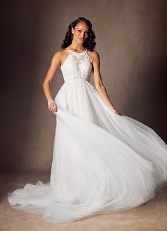 Azazie Odell Vestidos de novia Vestido de Diamante Blanco de Tul de Corte en A con Halter Lentejuelas image6