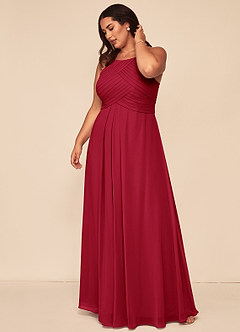 Azazie Ginger Vestidos de damas de honor Vestido de Escarlata de Gasa de Corte en A con Halter Plisado image12
