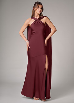Azazie Kinsley Vestidos de damas de honor Vestido de Cabernet de Satén Elástico de Corte Sirena con Corte Lateral image5