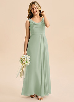 Azazie Evania Junior Robe Trapèze en Mousseline de soie Plissée Vert Sauge image6