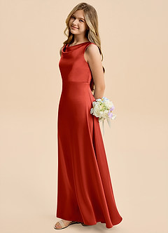 Azazie Kiki Junior Rust A-Line Bow Stretch Satin Dress image3