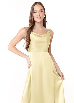 Azazie Naomie Final Sale Lemon Sorbet A-Line Cowl Neckline Side Slit Stretch Satin Dress image5