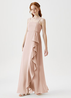 Azazie Kaylee Junior Blushing Pink A-Line with Belt Stretch Satin Dress image4