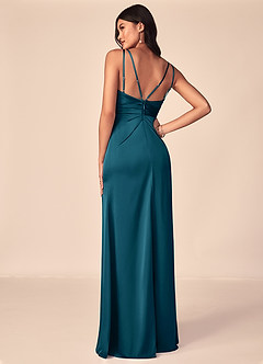 Azazie Aqua Bridesmaid Dresses Ink Blue A-Line V-Neck Pleated Stretch Satin Dress image3