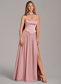 Azazie Cadence Robes de demoiselle d'honneur Robe Trapèze Convertible en Satin extensible Corset Rose Poussiéreuse image1