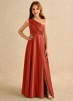 Azazie Puddles Girls Formal vestidos de niña de las flores Vestido de Óxido de Satén Elástico de Corte en A con Hombro unilateral image1