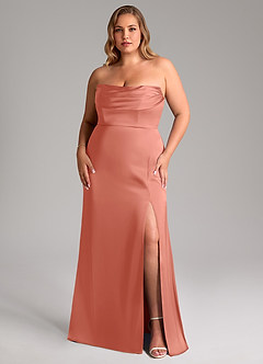 Azazie Saige Abiti da Damigella Abito Tubino in Raso Elasticizzato a Spalla Scoperta Salmone Rosa image16