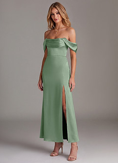 Azazie Saige Bridesmaid Dresses Matcha Mermaid Off the Shoulder Stretch Satin Dress image4