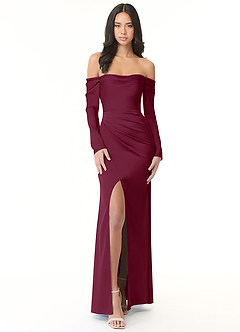 Azazie Hallie Bridesmaid Dresses Mulberry Sheath Off-The-Shoulder Long Sleeve Stretch Satin Convertible Dress image4
