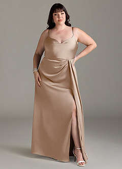 Azazie Brielle Bridesmaid Dresses Taupe A-Line Cowl Spaghetti Straps Stretch Satin Dress image6