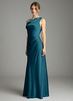 Azazie Emerson Bridesmaid Dresses Ink Blue Mermaid Off the Shoulder Stretch Satin Dress image4