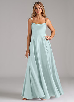 Azazie Elle Bridesmaid Dresses Sea Glass A-Line Pleated Stretch Satin Dress image1