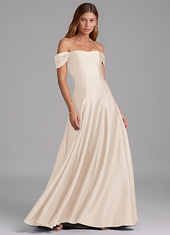 Azazie Seriana 신부 들러리 드레스 A라인 오프 더 숄더 스트레치 새틴 바닥 길이 드레스 image4