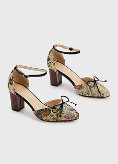 front Floral Tapestry Ankle Strap Block Heels