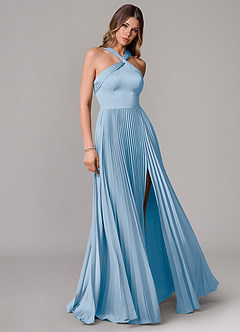 Azazie Afra Abiti da Damigella Abito A-Line in Raso Elasticizzato Plissettato Azzurro Polvere image1