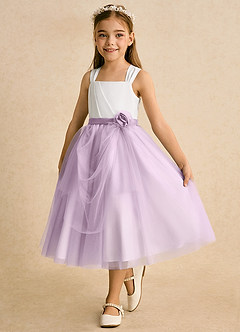 Azazie Bonny Flower Girl Dresses Ivory Frosted Lilac Ball-Gown Pleated Tulle Dress image6