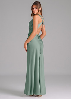 Azazie Evadne Bridesmaid Dresses Silver Sage Sheath Pleated Stretch Satin Dress image5