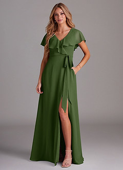 Azazie Lainey Bridesmaid Dresses Olive A-Line with Pockets Chiffon Dress image1