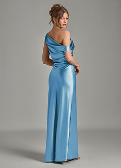 Azazie Emerson Bridesmaid Dresses Steel Blue Mermaid Off the Shoulder Metallic Satin Dress image6