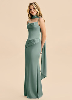 Azazie Sorrel Junior Silver Sage Mermaid Ruched Stretch Satin Dress image4
