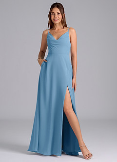 Azazie Sarella Brautjungfernkleider A-Linie mit Taschen Chiffon Kleid Stahlblau image1