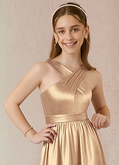 Azazie Jiya Junior A-Linie Plissee Metallischer Satin Kleid Gold image3