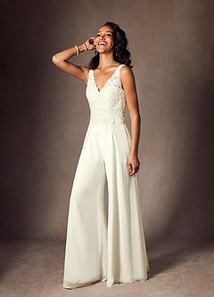 Azazie Florine Wedding Dresses Cream Pant Styles V-Neck Lace Chiffon Dress image5