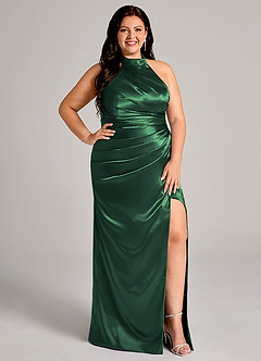 Azazie Jemma Bridesmaid Dresses Dark Green Sheath Pleated Metallic Satin Dress image11