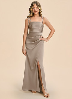 Azazie Reagan Junior Taupe Sheath Pleated Stretch Satin Dress image5