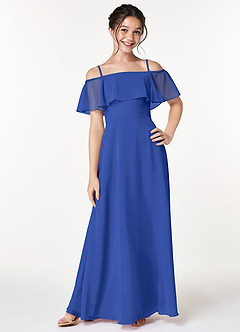Azazie Maggie Junior Royal Blue A-Line Off the Shoulder Chiffon Dress image3