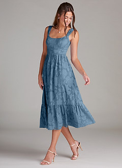 Azazie Alissa Bridesmaid Dresses Steel Blue A-Line with Pockets Floral Burnout Dress image5