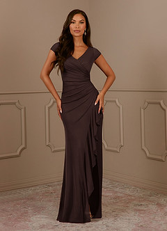 Azazie Roya Mother of the Bride Dresses Ganache Mermaid V-Neck Pleated Mesh Dress image2