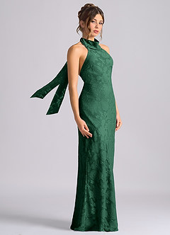 Azazie Velli Vestidos de damas de honor Vestido de Verde Oscuro de Devorado Floral de Corte Sirena con Cuello Alto image4