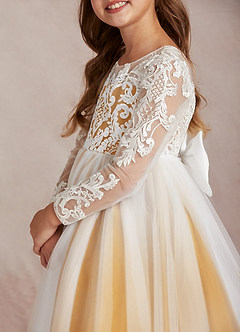 Azazie Elodie Robe Demoiselle D'honneur Fillette Robe Princesse en Dentelle Ivoire Caramel Au Beurre image7