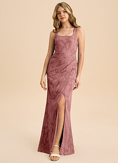 Azazie Mero Junior Vestido de Rosa Polvorienta de Devorado Floral de Corte Recto con Plisado image3