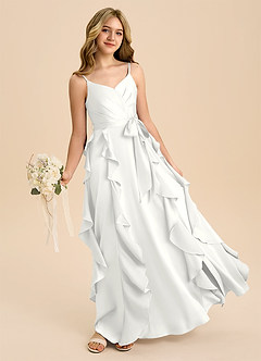 Azazie Peyton Junior White A-Line Pleated Stretch Satin Dress image1