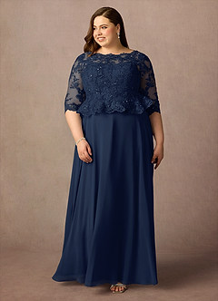 Azazie Averie Mère de la mariée Robes Robe Trapèze en Mousseline de soie Col bateau paillettes Bleu Marine Foncé image7
