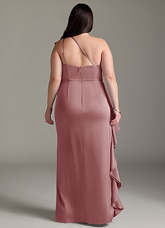Azazie Latrice Robes de demoiselle d'honneur Robe Fourreau en Satin extensible Volants en cascade à une épaule Rose Poussiéreuse image7
